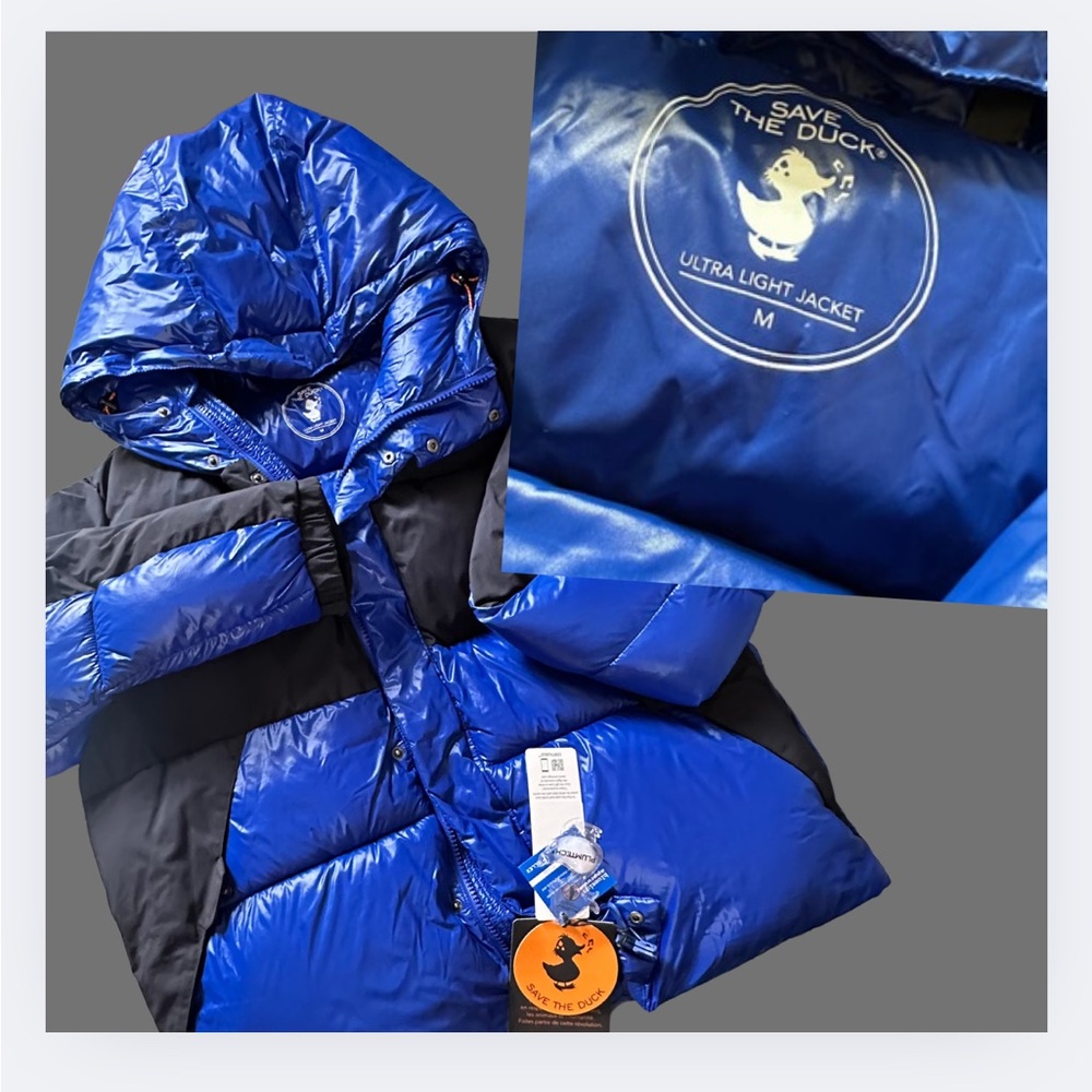 SAVE THE DUCK Kids Shiny Blue and Black Puffer Jacket